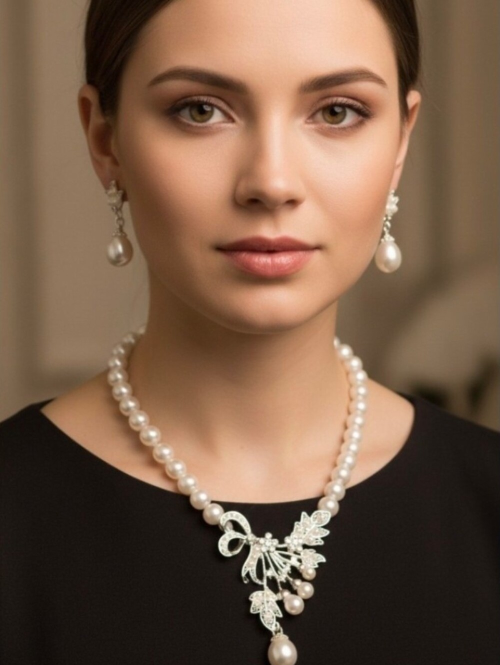 Fashion Jewelry White Pearl Necklace with Silver Bow & Leaf Pendant
